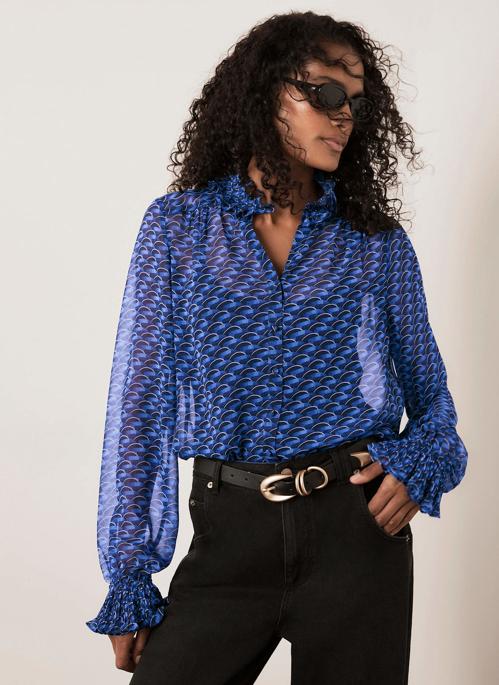 Blue Geometric Printed Ruffle Collar Blouse