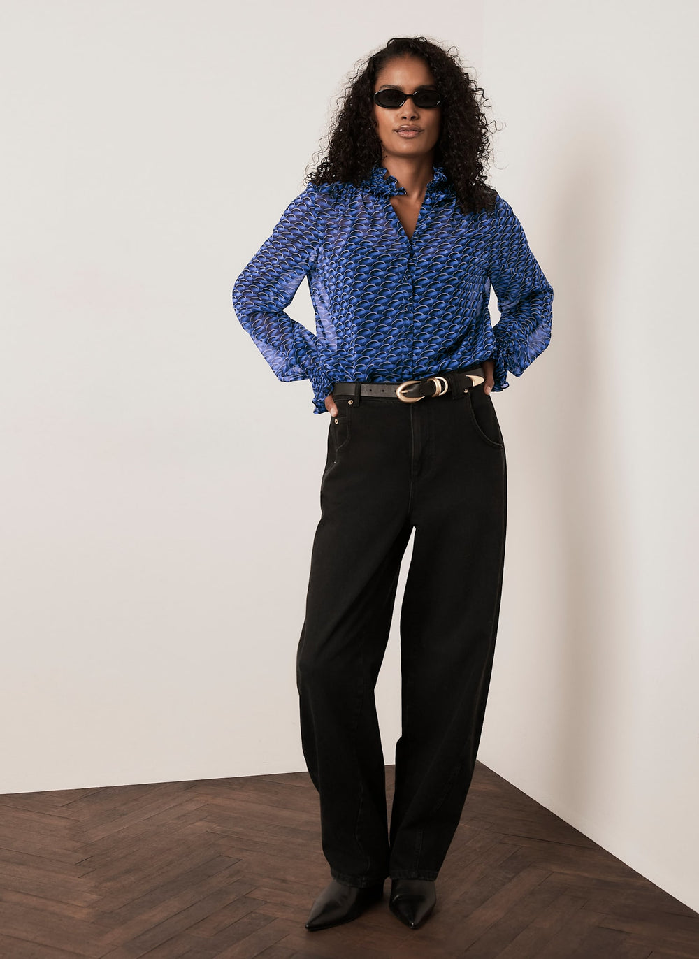 Blue Geometric Printed Ruffle Collar Blouse