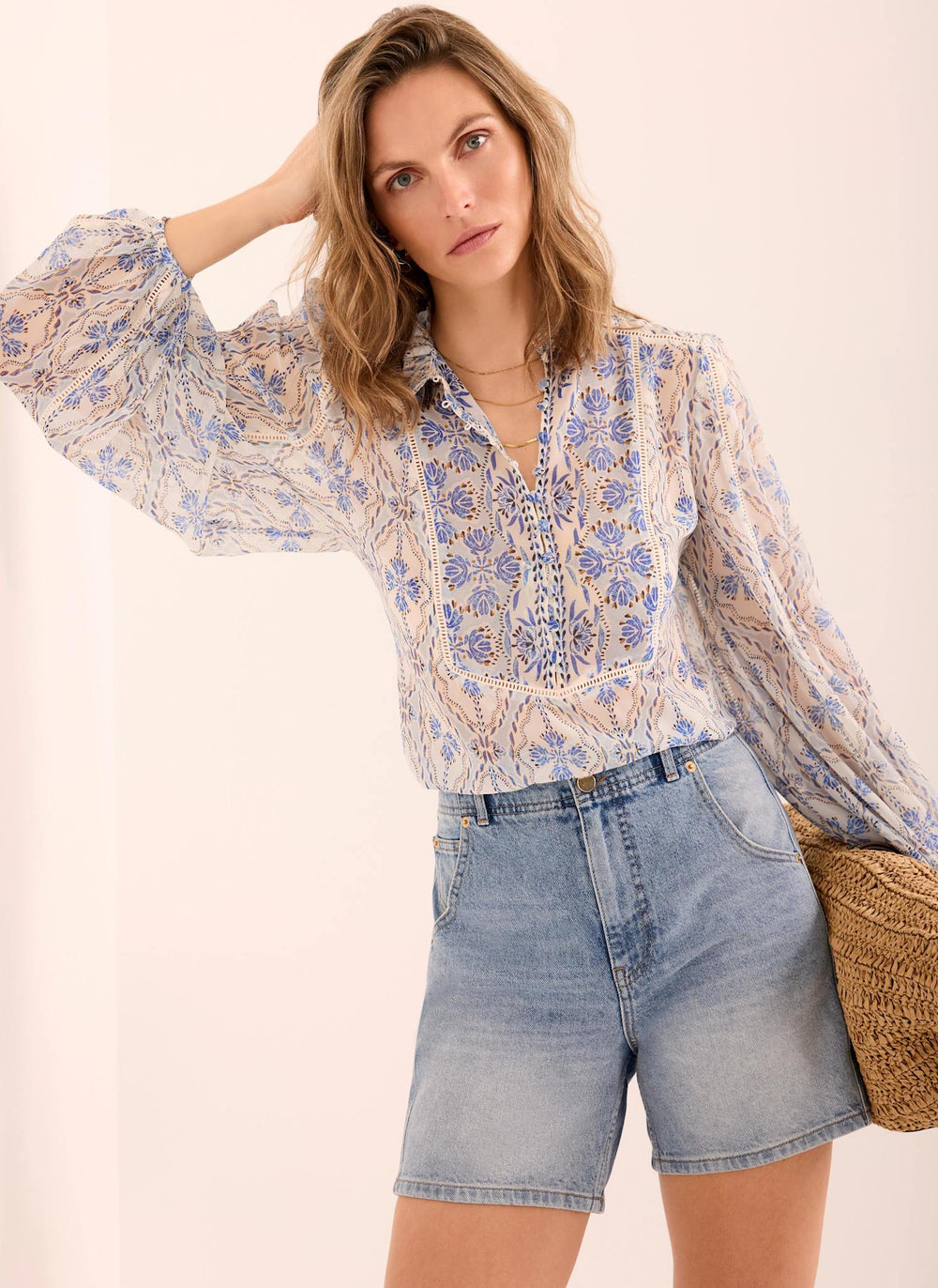 Blue Geo Print Ruffle Blouse