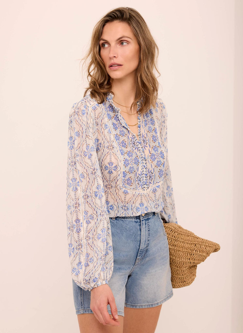 Blue Geo Print Ruffle Blouse