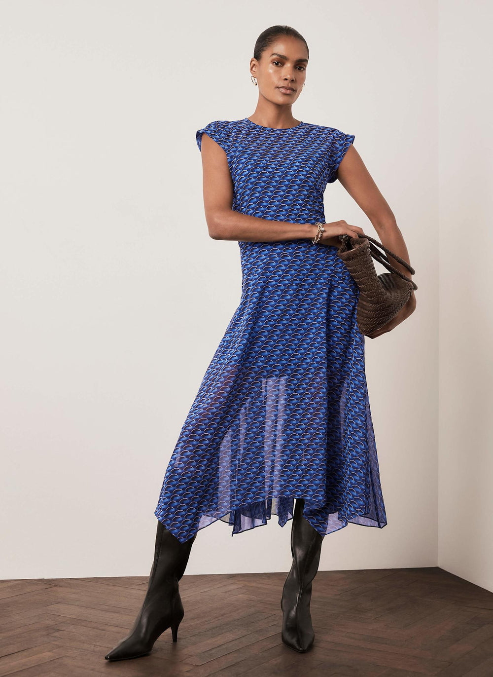 Blue Geometric Print Hanky Hem Midi Dress