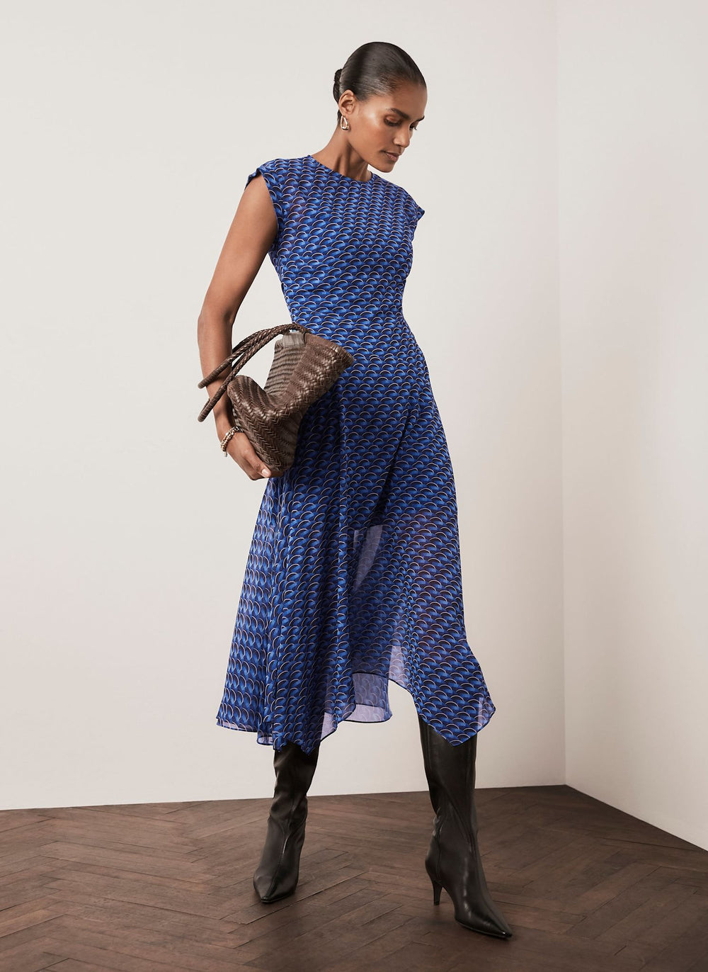 Blue Geometric Print Hanky Hem Midi Dress
