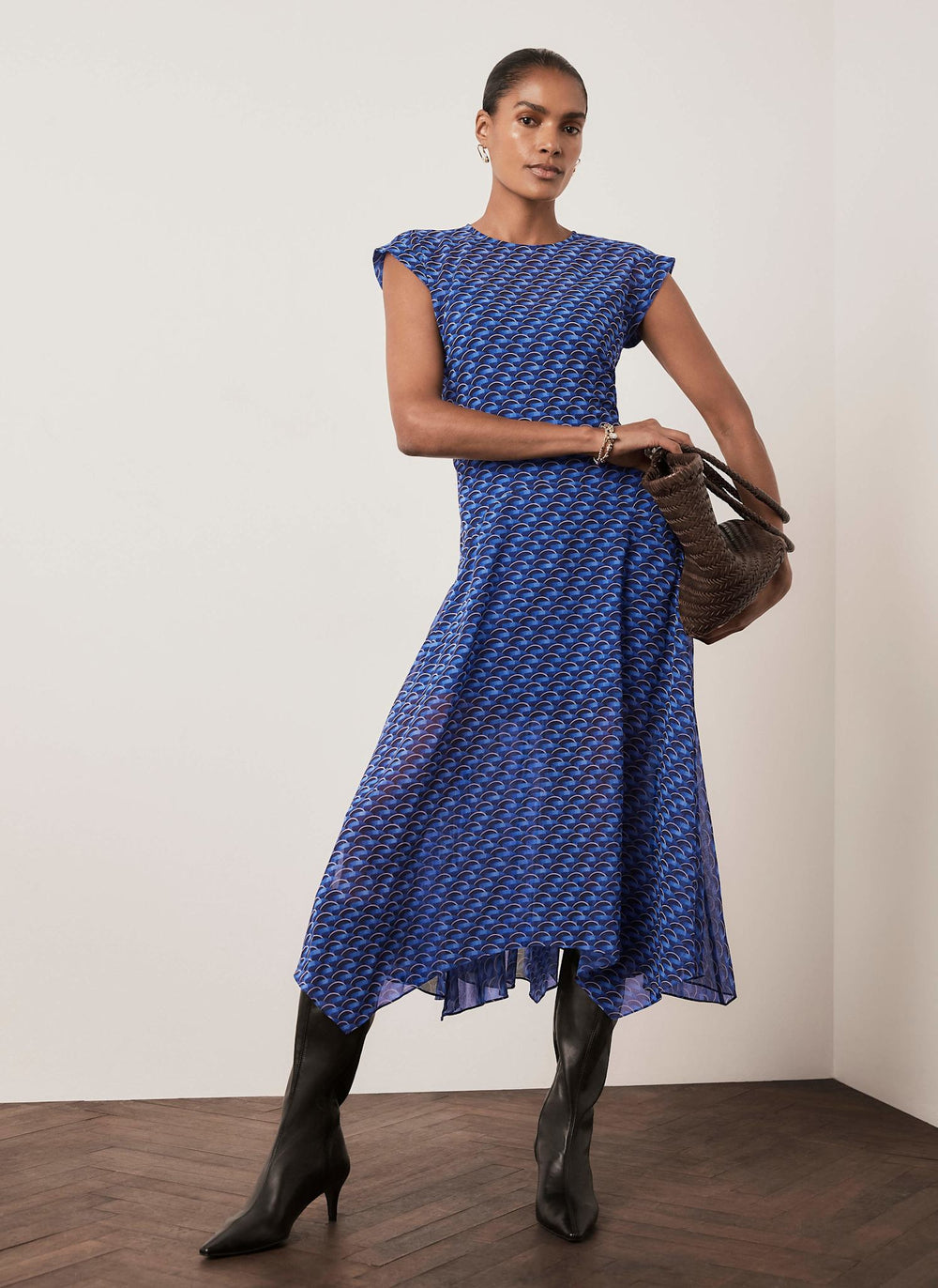 Blue Geometric Print Hanky Hem Midi Dress