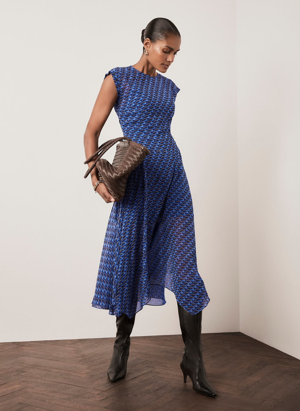 Blue Geometric Print Hanky Hem Midi Dress