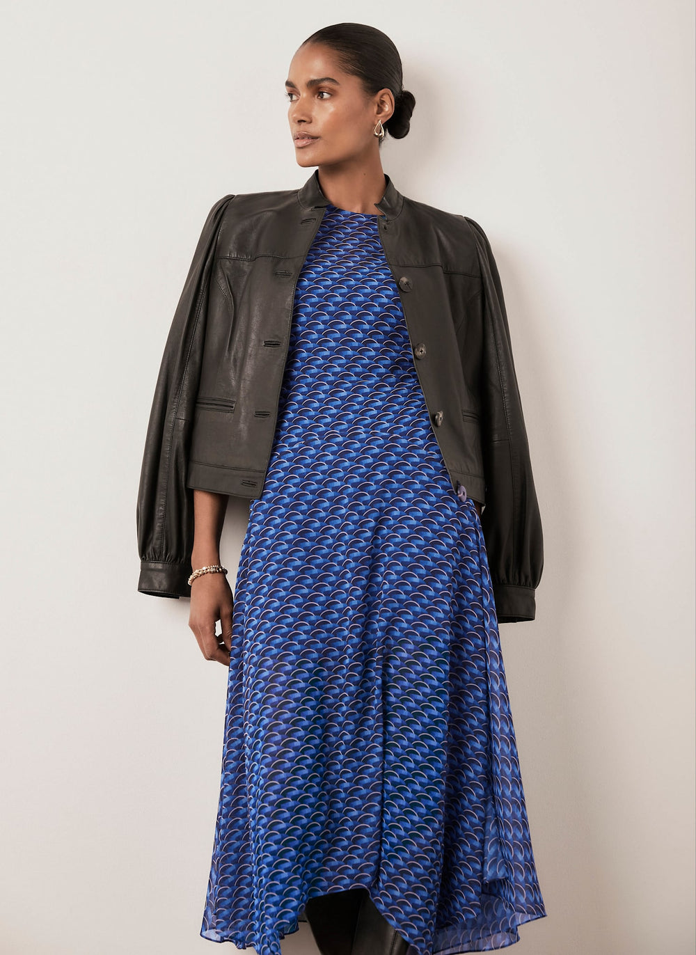 Blue Geometric Print Hanky Hem Midi Dress