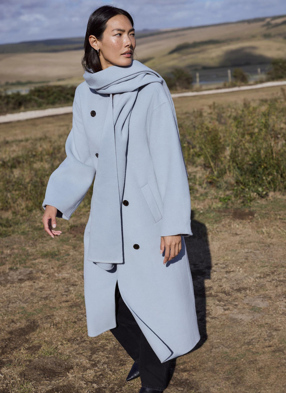 Blue Wool Blend Hand Finished Scarf Coat