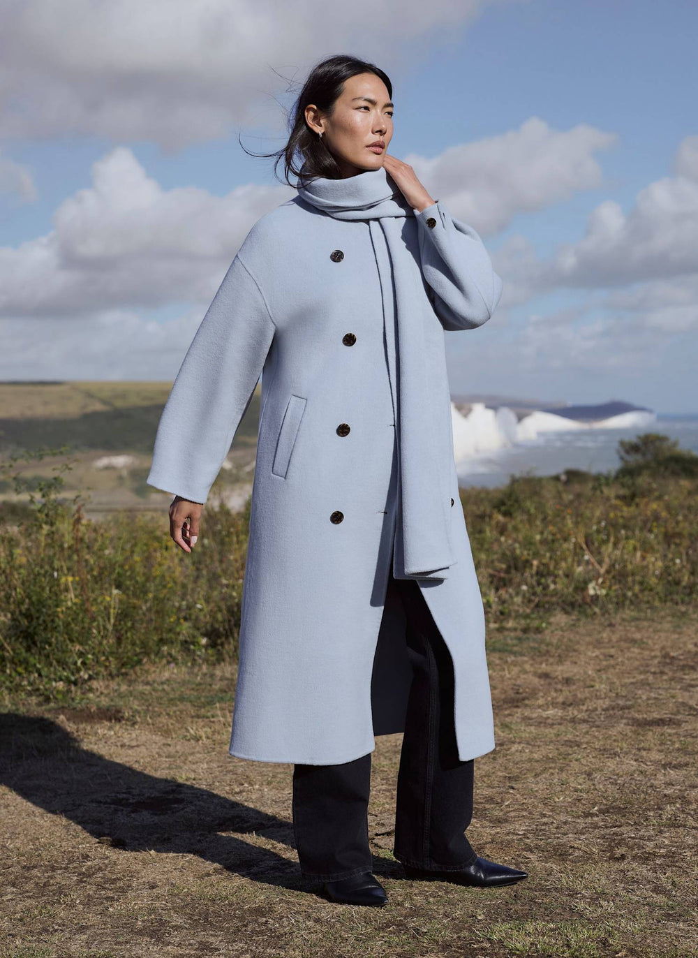 Blue Wool Blend Hand Finished Scarf Coat