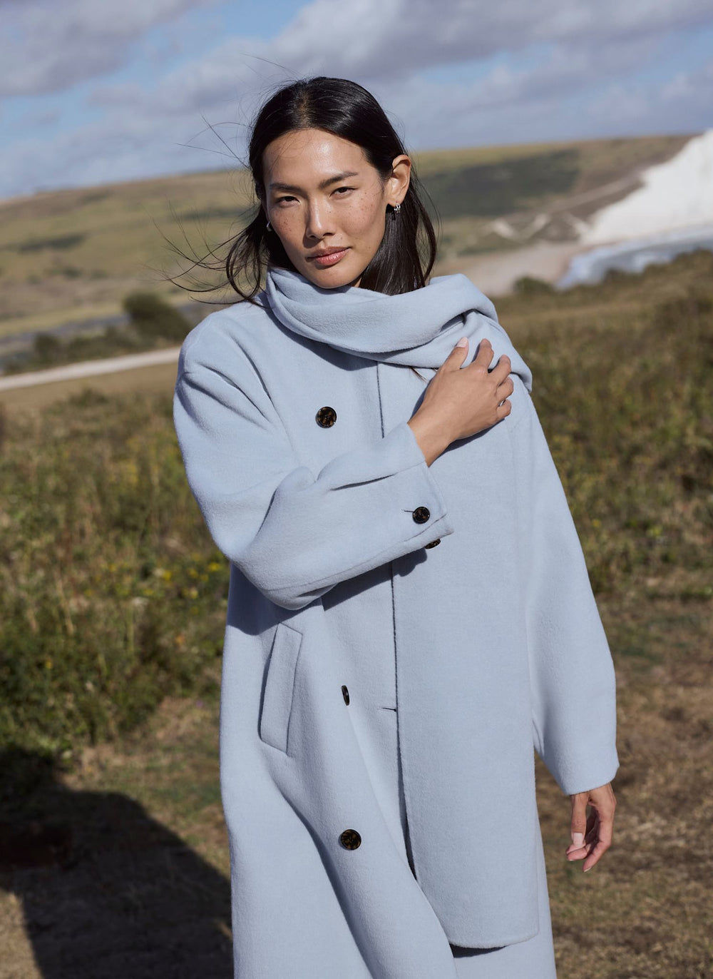 Blue Wool Blend Hand Finished Scarf Coat