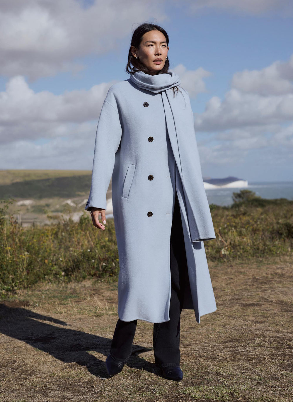 Blue Wool Blend Hand Finished Scarf Coat