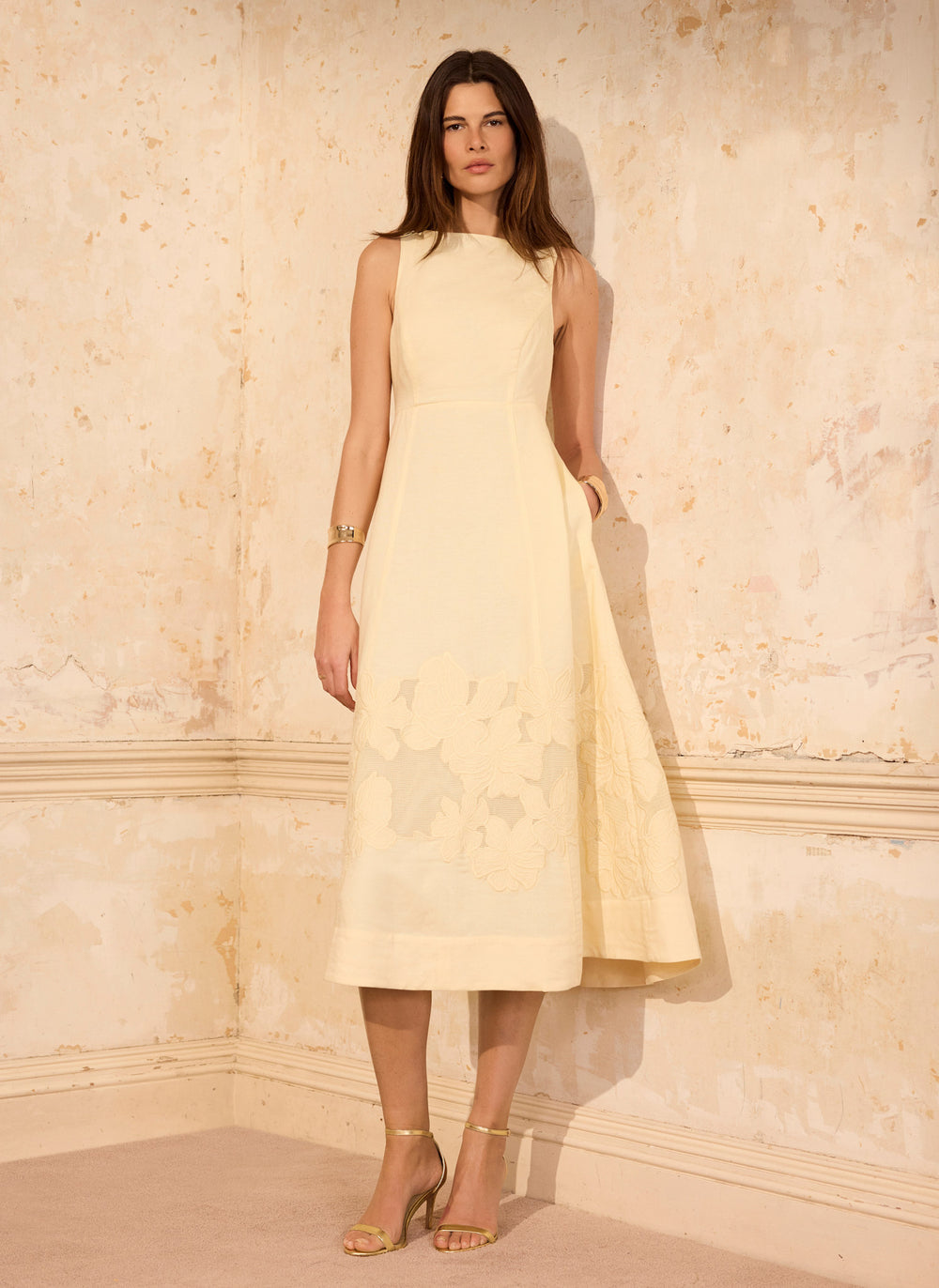 Yellow Linen Blend Lace Midi Dress