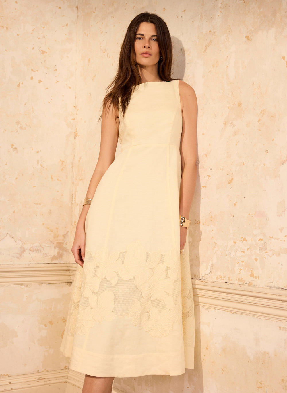 Yellow Linen Blend Lace Midi Dress
