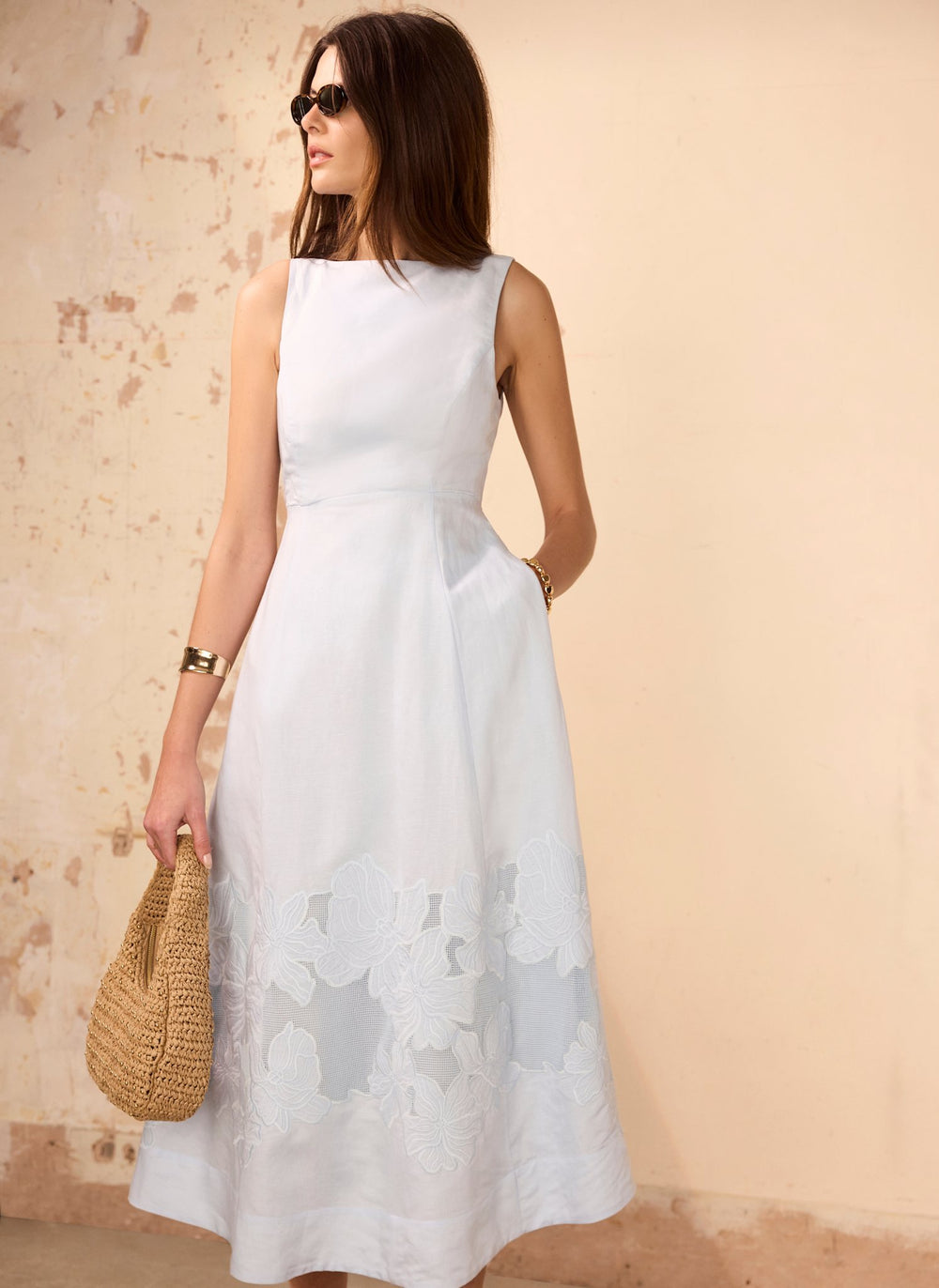 Blue Linen Blend Lace Midi Dress