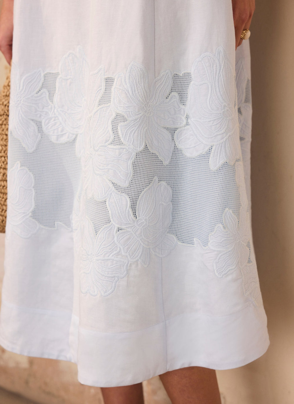Blue Linen Blend Lace Midi Dress