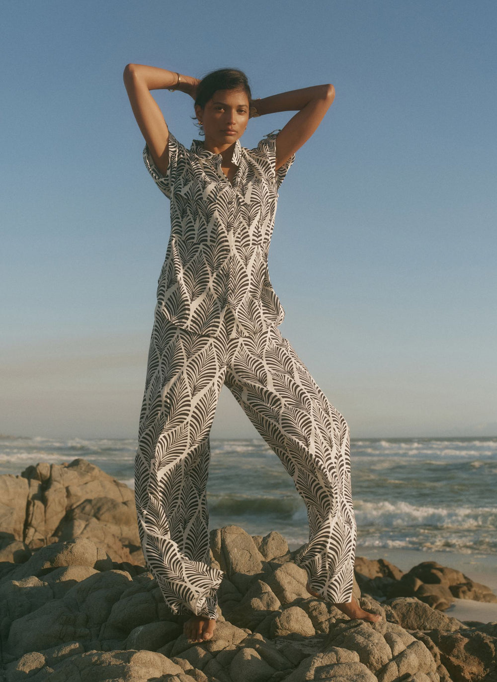 Navy Leaf Print Wide Leg Trousers