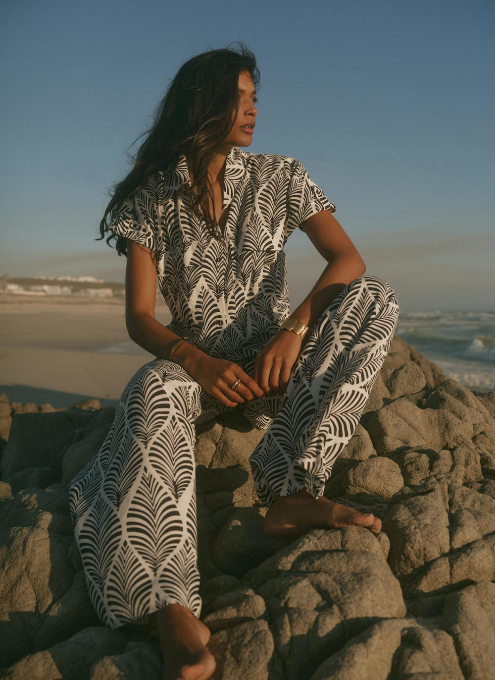 Navy Leaf Print Wide Leg Trousers