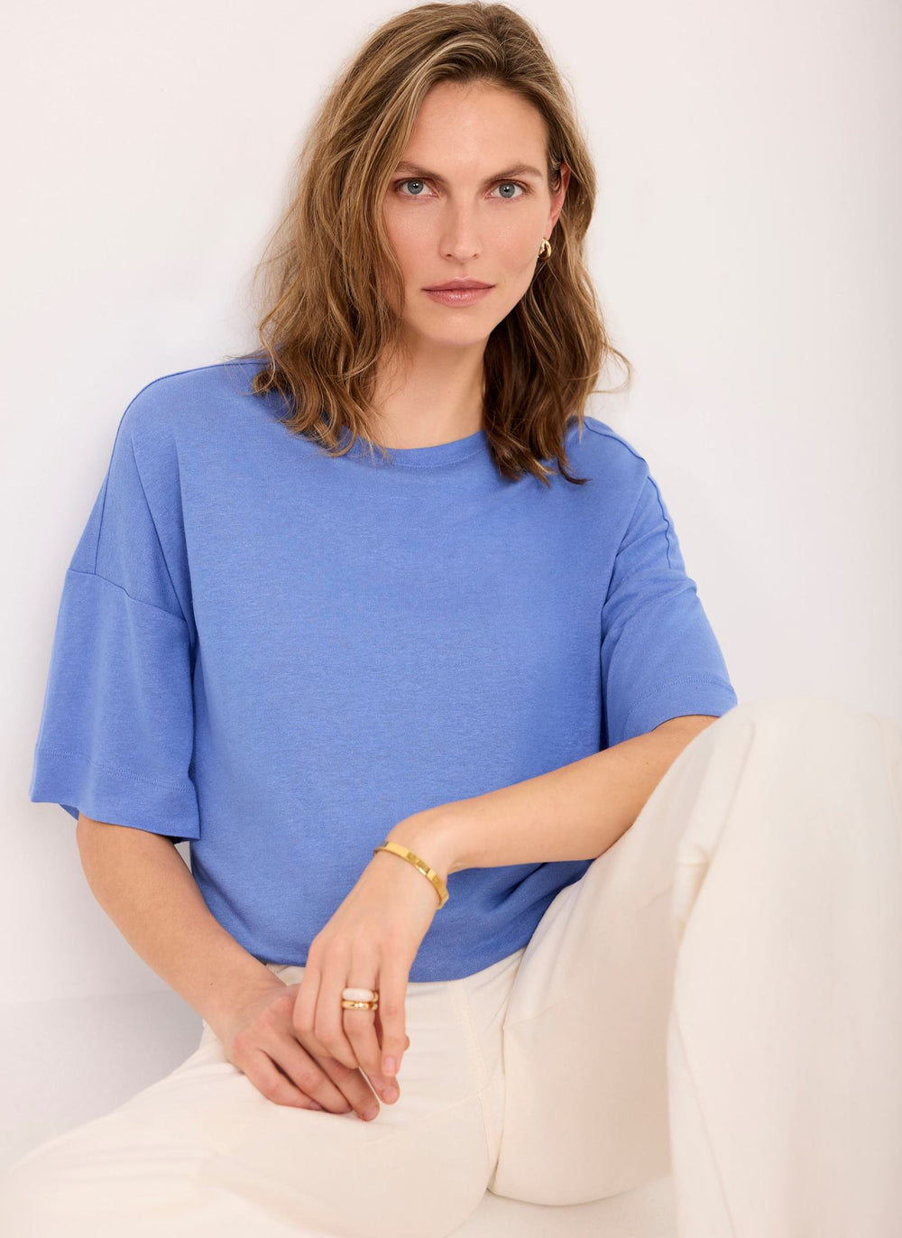 Blue Linen Blend Boxy T-Shirt