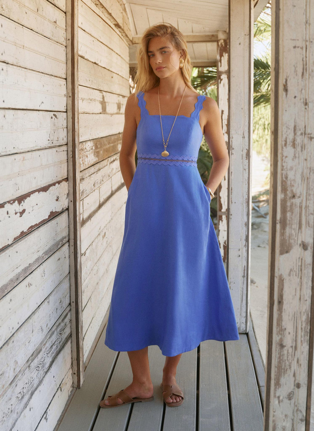 Blue Linen Scallop Trim Midi Dress Mint Velvet Blue Linen Scallop Trim Midi Dress Mint Velvet