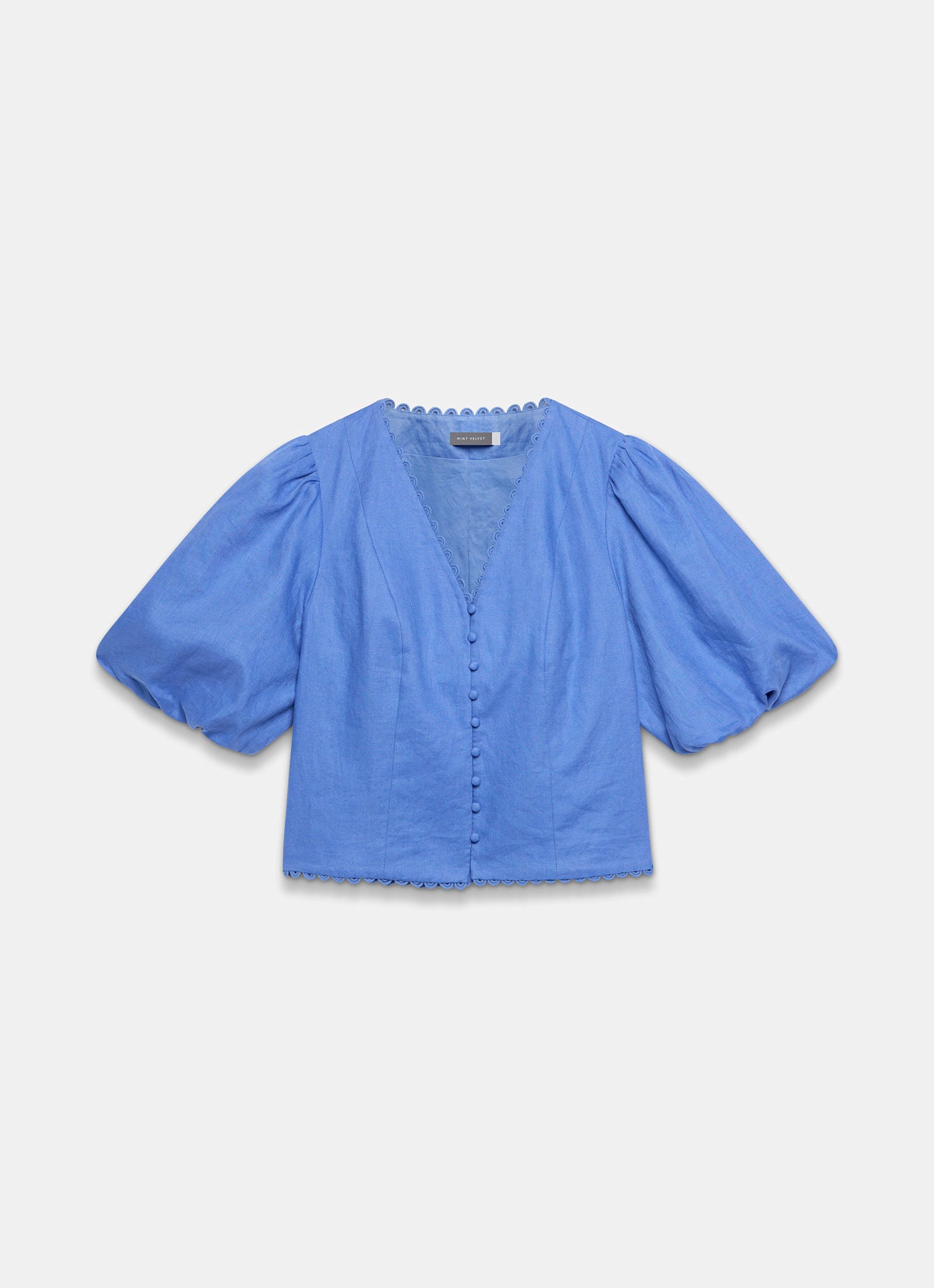 Blue Linen Puff Sleeve Top – Mint Velvet