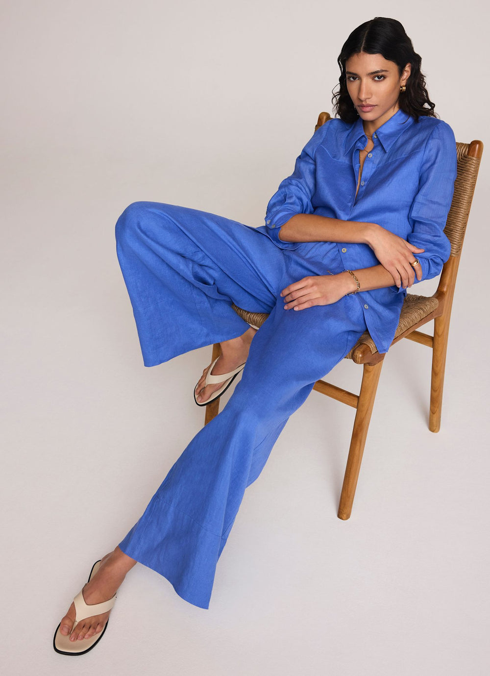 Blue Linen Drawstring Wide Leg Trousers