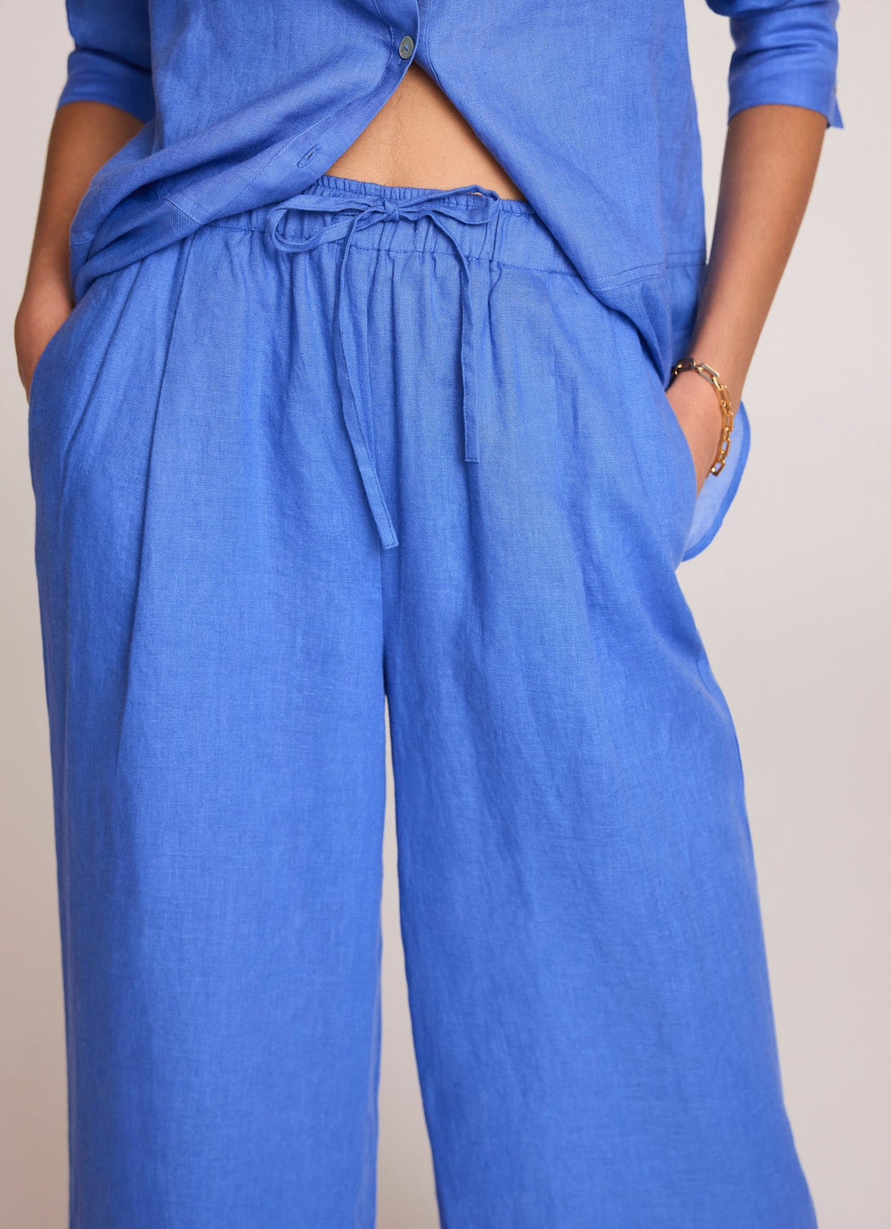 Blue Linen Drawstring Wide Leg Trousers