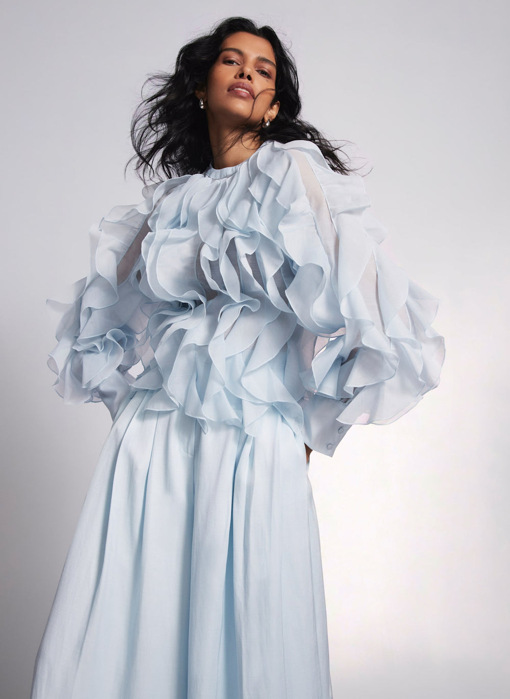 Blue Organza Ruffle Blouse