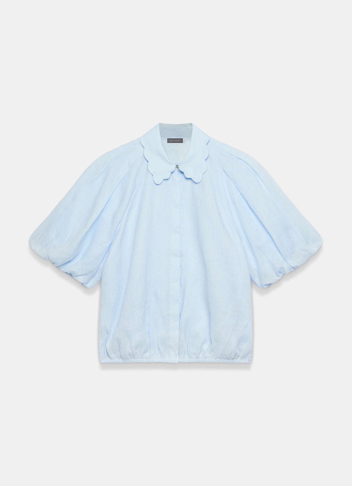 Plage Puff Sleeves Round シャツ　ブルー Pale Blue Ramie Scallop Puff Sleeve Shirt – Mint Velvet