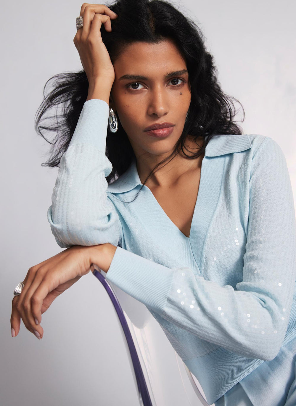 Blue Sequin Knit Polo Top