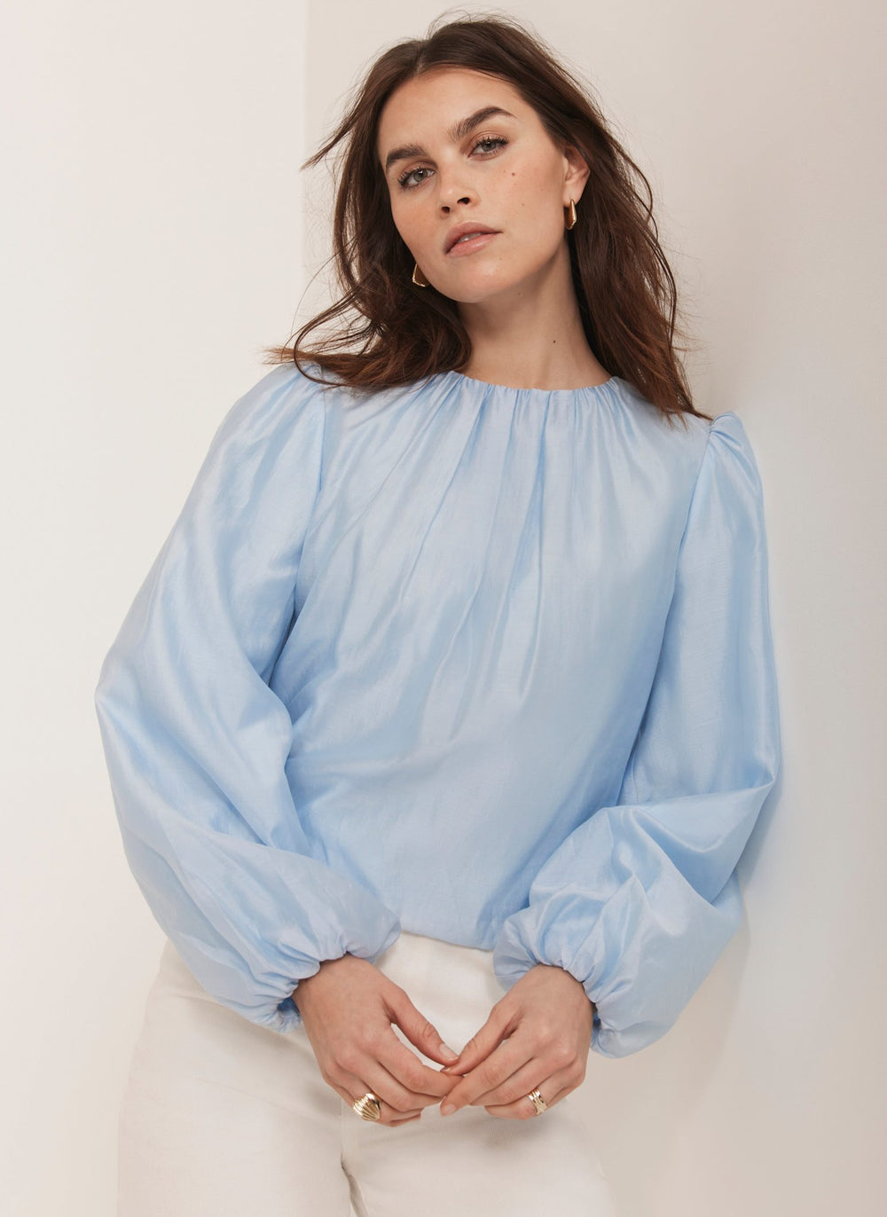Blue Sheer Puff Sleeve Blouse