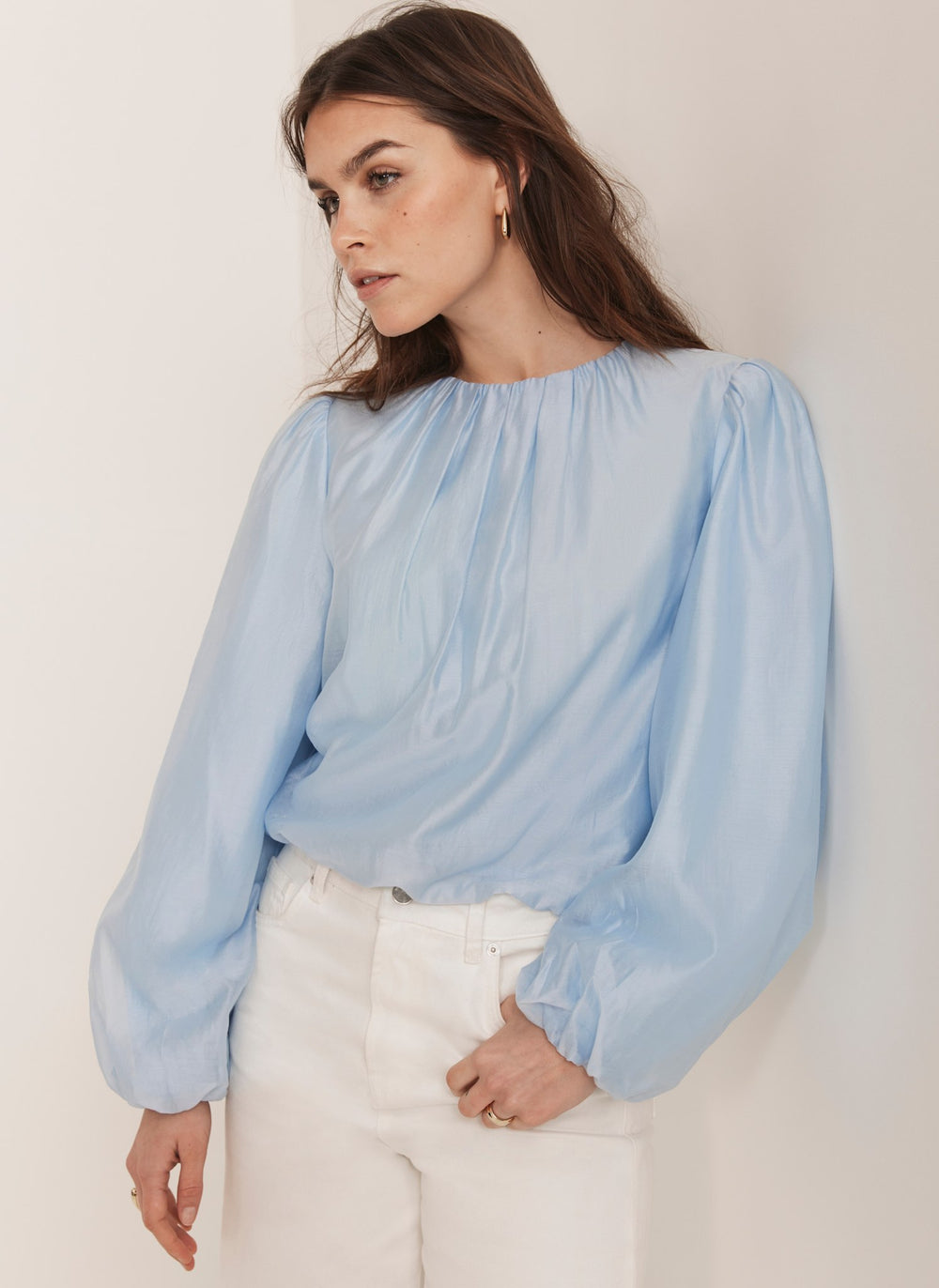Blue Sheer Puff Sleeve Blouse