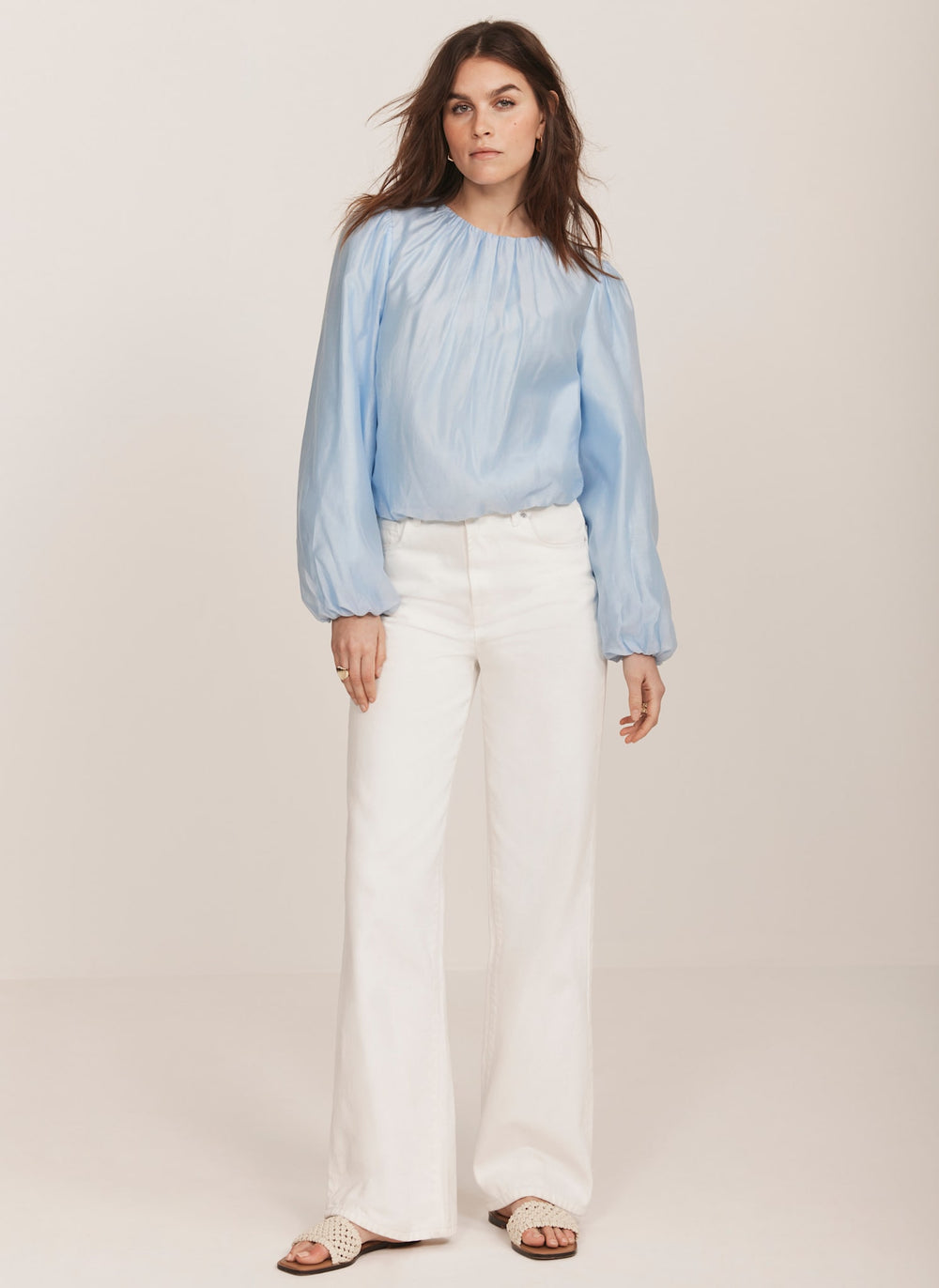 Blue Sheer Puff Sleeve Blouse
