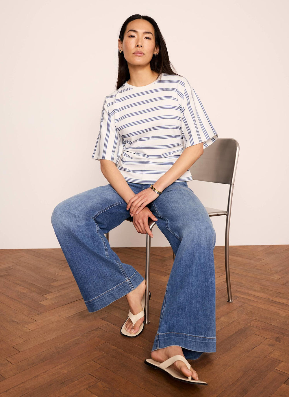 Blue Cotton Ruched Waist T-Shirt