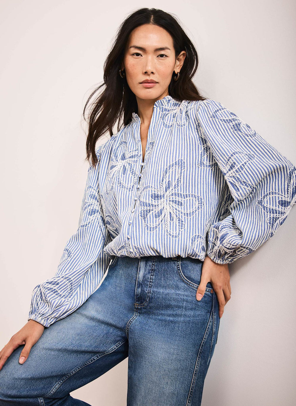 Blue Striped Embroidered Floral Blouse  Mint Velvet