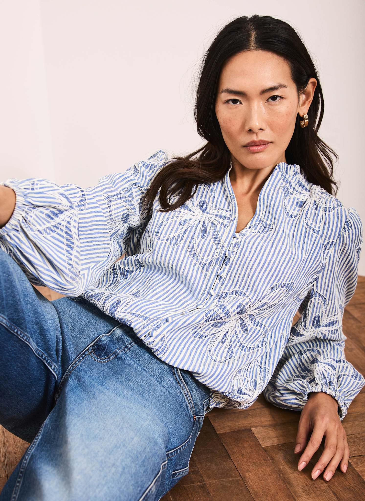Blue Striped Embroidered Floral Blouse – Mint Velvet