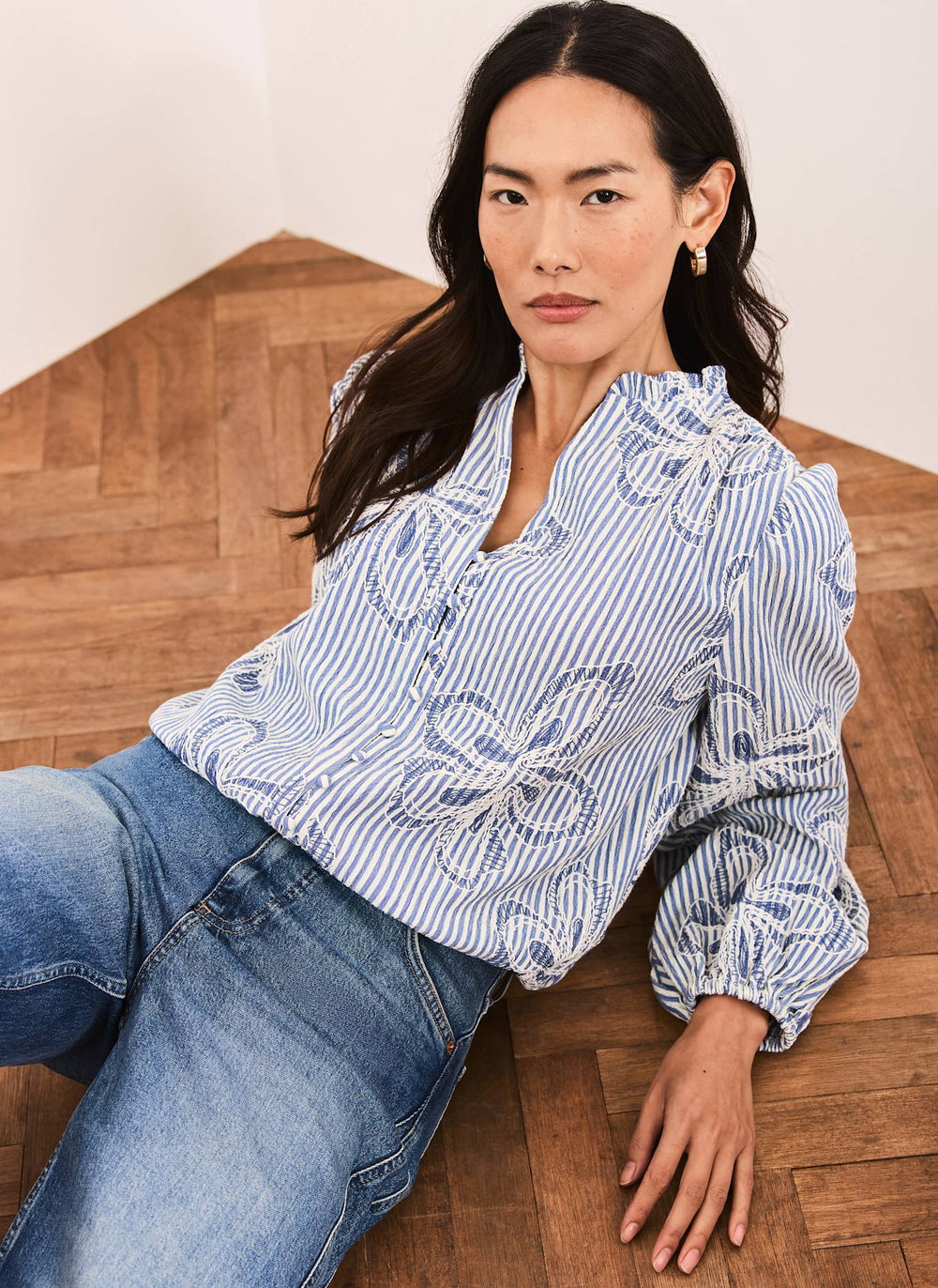 Blue Striped Embroidered Floral Blouse  Mint Velvet