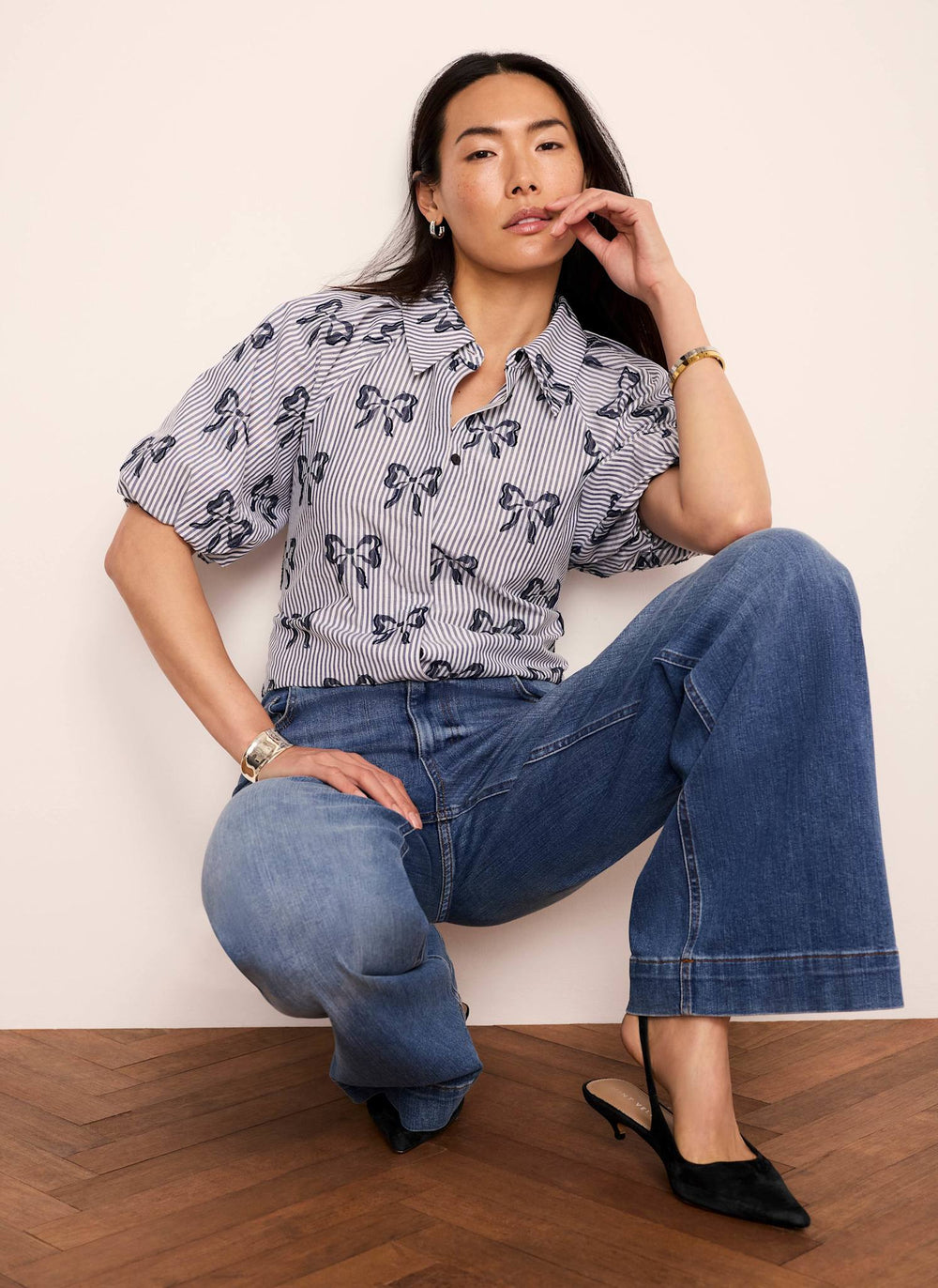 Blue Cotton Blend Striped Bow Shirt