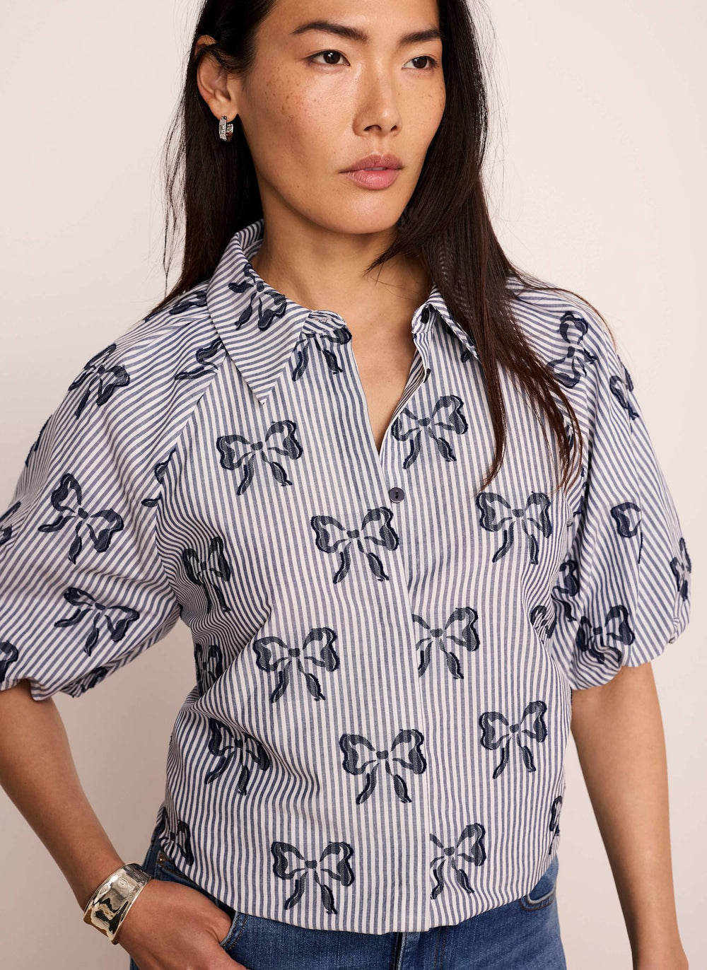 Blue Cotton Blend Striped Bow Shirt
