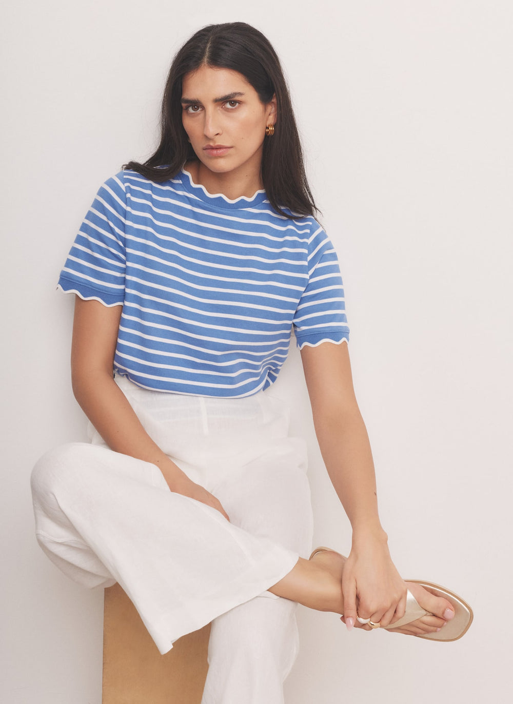 Blue Cotton Striped Scallop T-Shirt