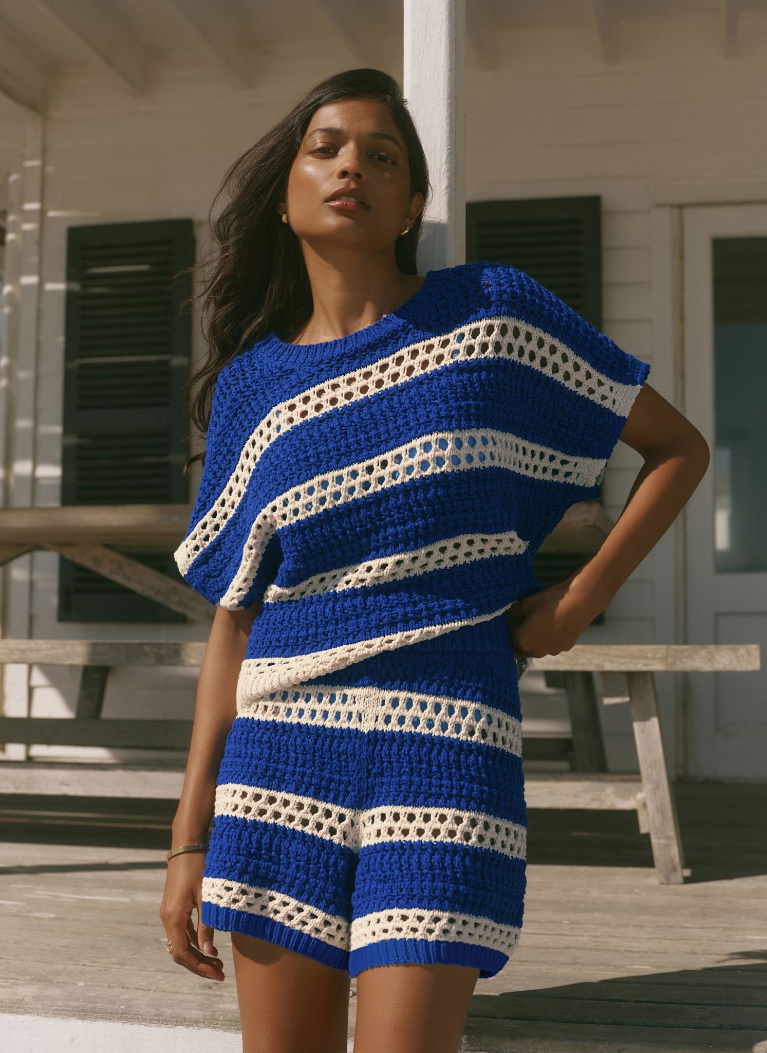 Blue Cotton Striped Crochet Knit Top – Mint Velvet