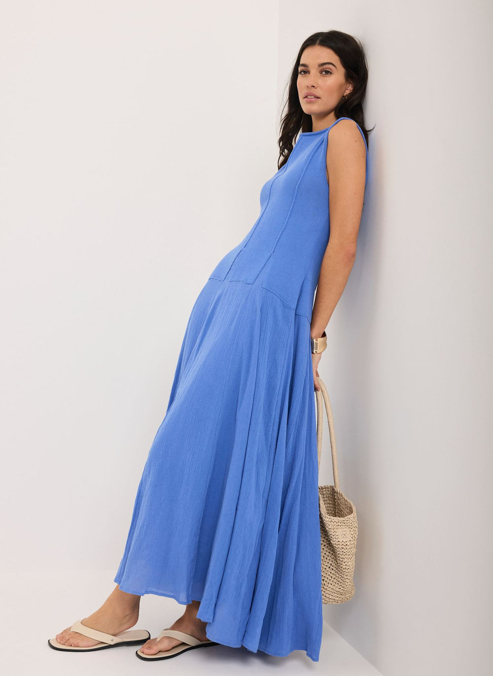 Blue Cotton Blend Drop Waist Maxi Dress