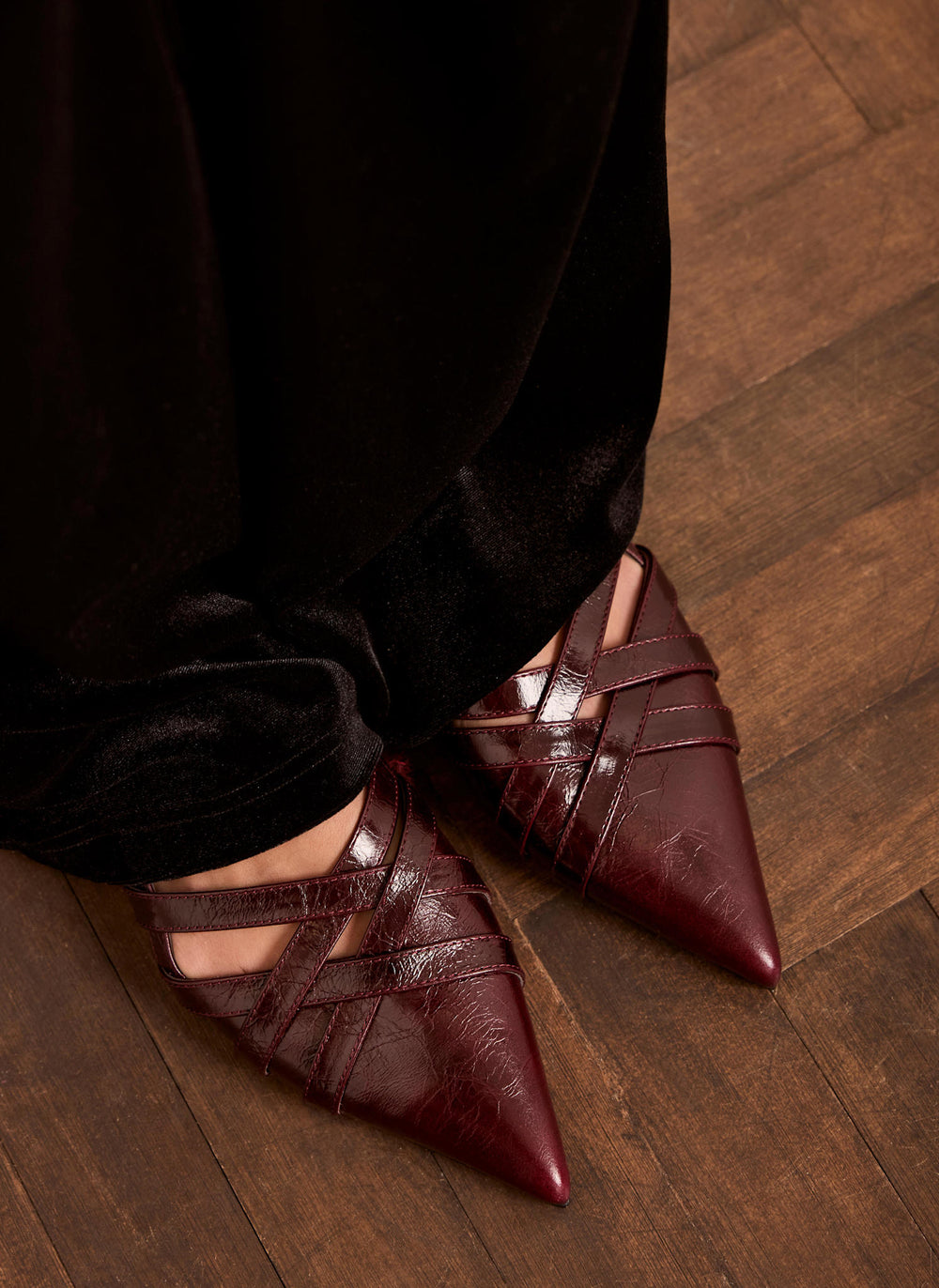 Bobbi Burgundy Leather Woven Flat Pumps