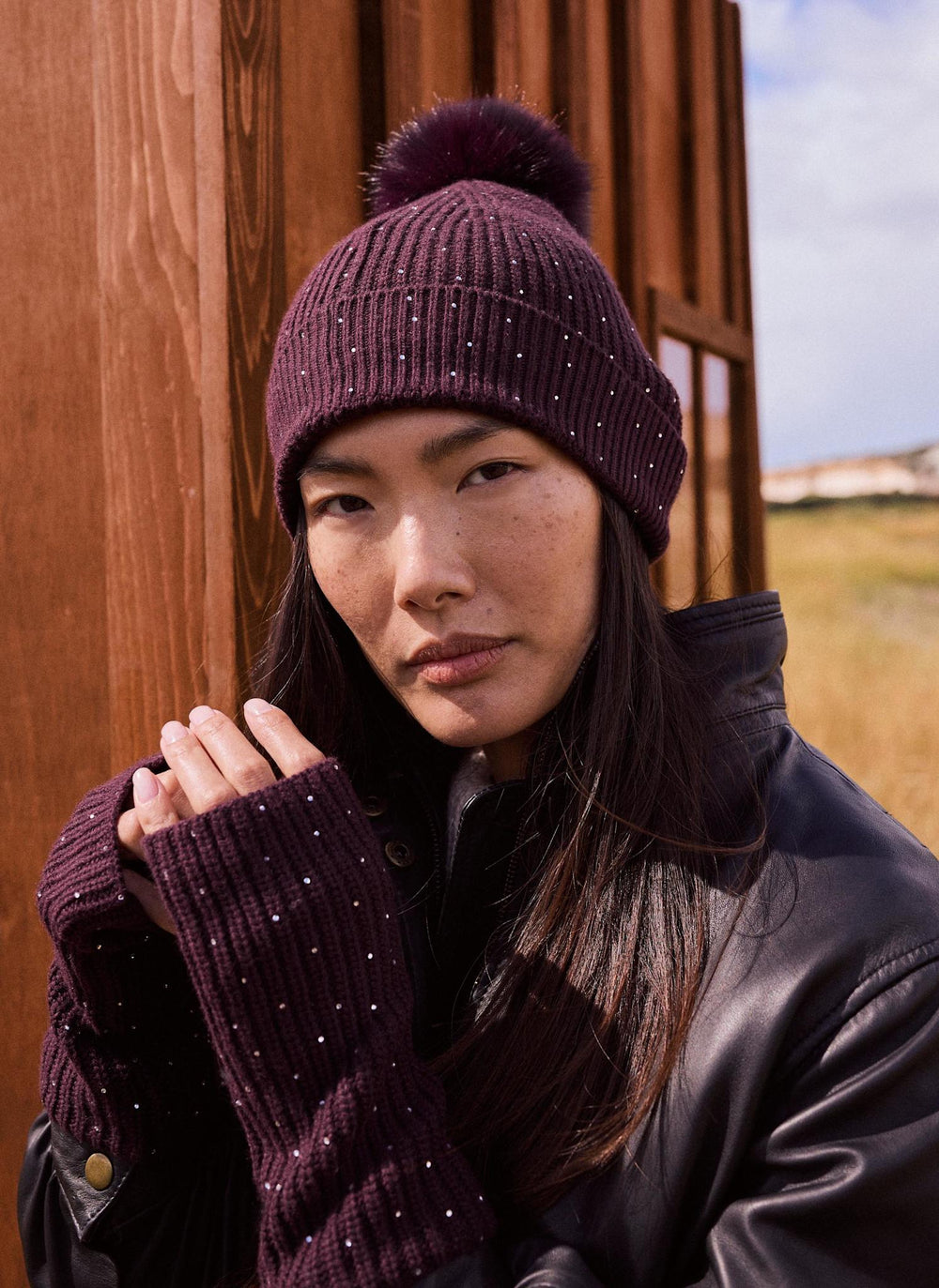 Burgundy Embellished Knit Hand Warmers