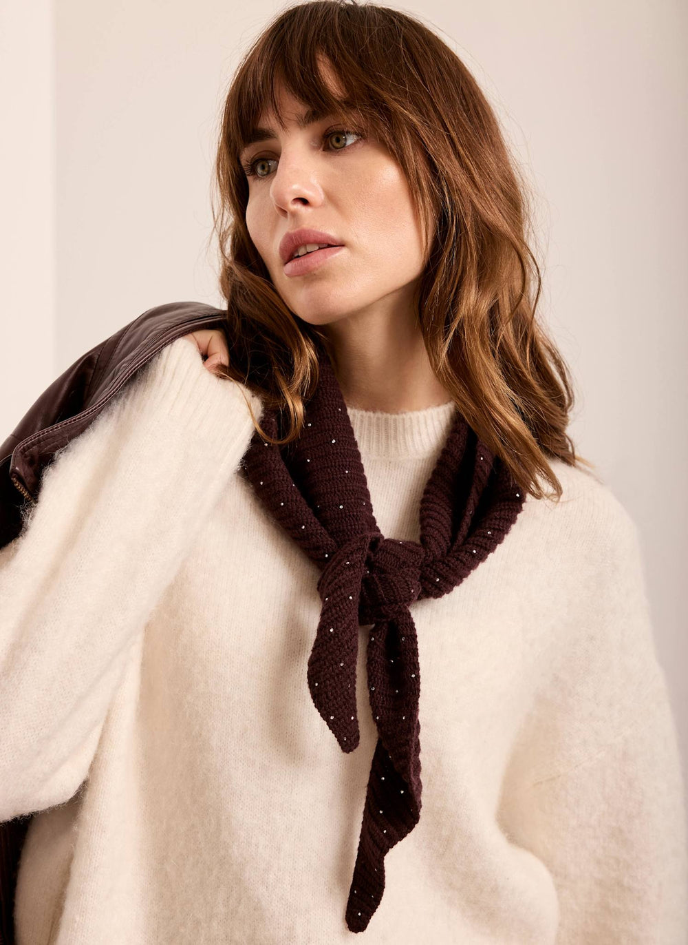Burgundy Sequin Embellished Knit Scarf
