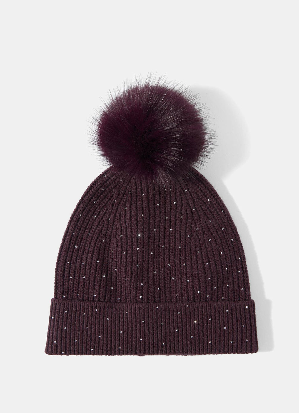 Burgundy Embellished Knit Bobble Hat