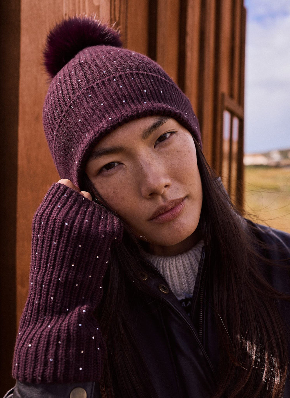 Burgundy Embellished Knit Bobble Hat