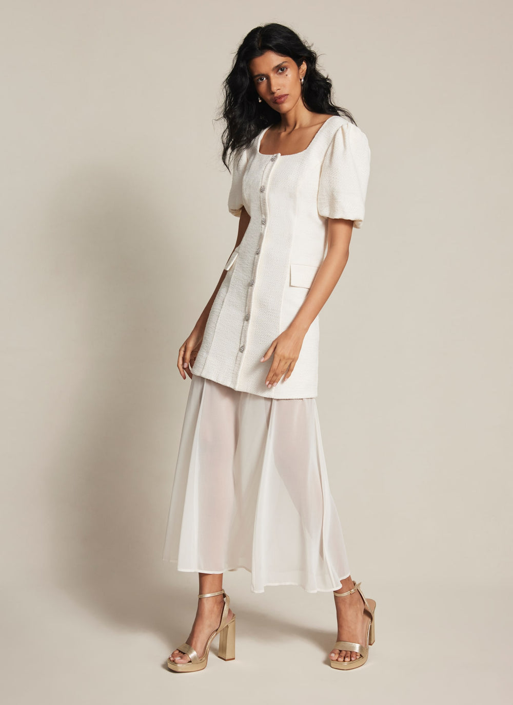 boucle long dress Blue Short Sleeve Beaded Trim Boucle Midi Dress
