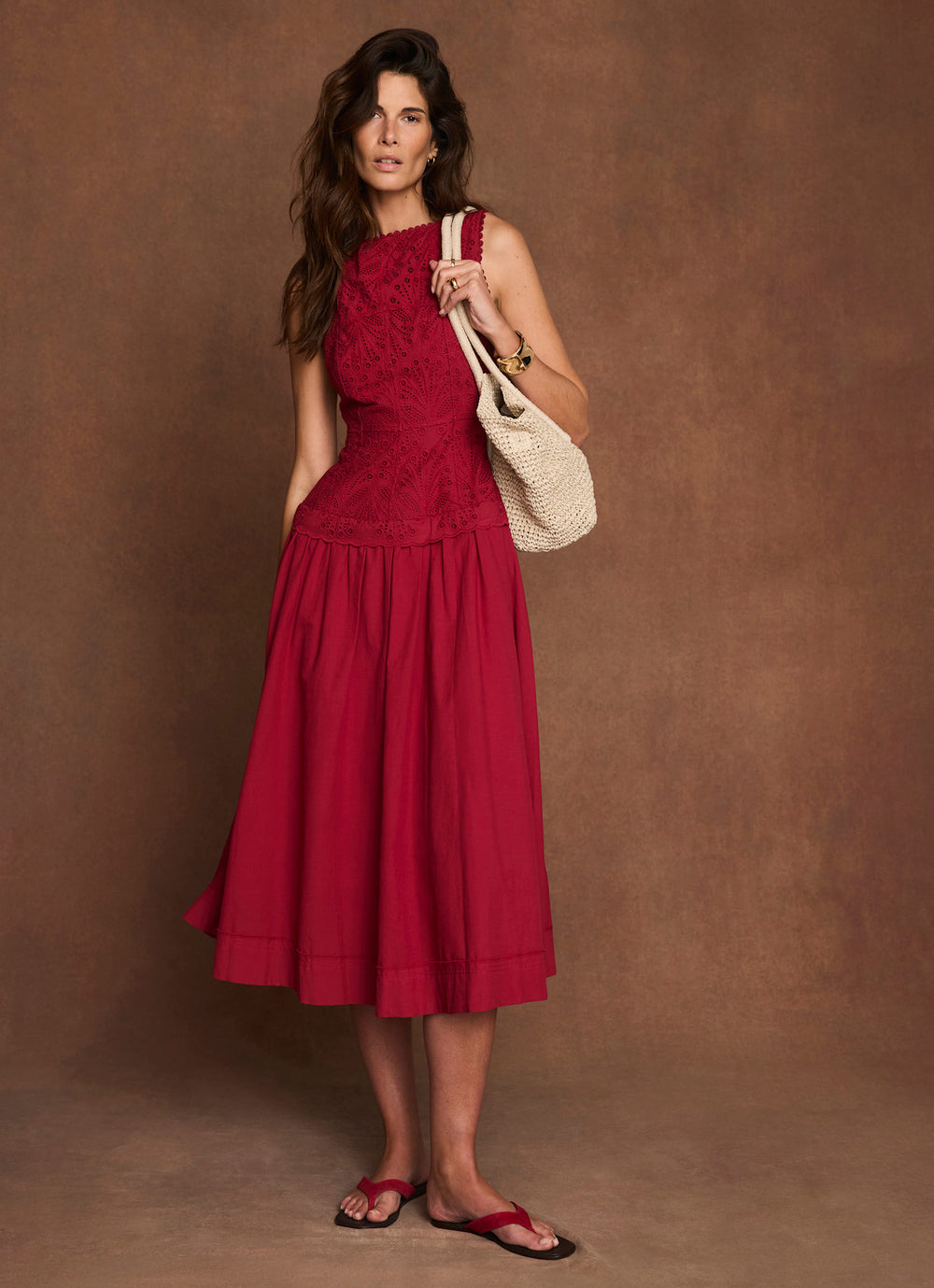 Red Cotton Broderie Midi Dress – Mint Velvet