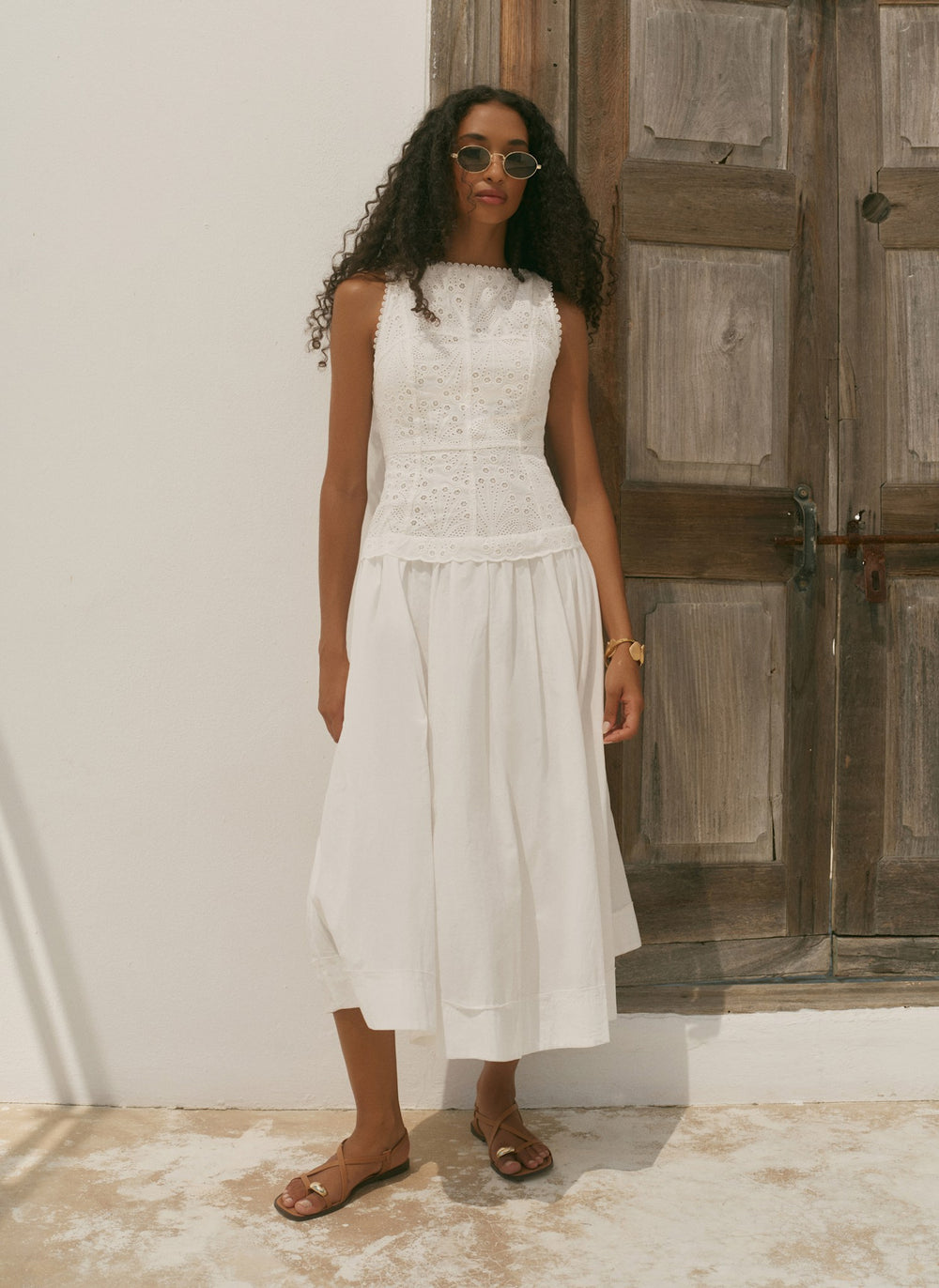 White Cotton Broderie Drop Waist Midi Dress
