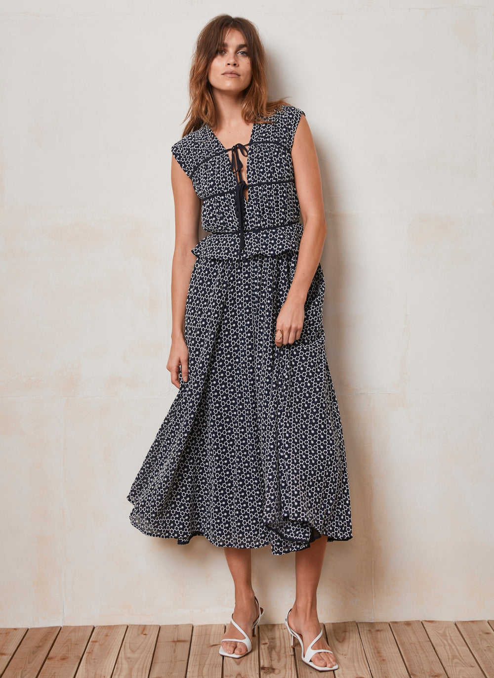 Navy Floral Broderie Tie Midi Dress