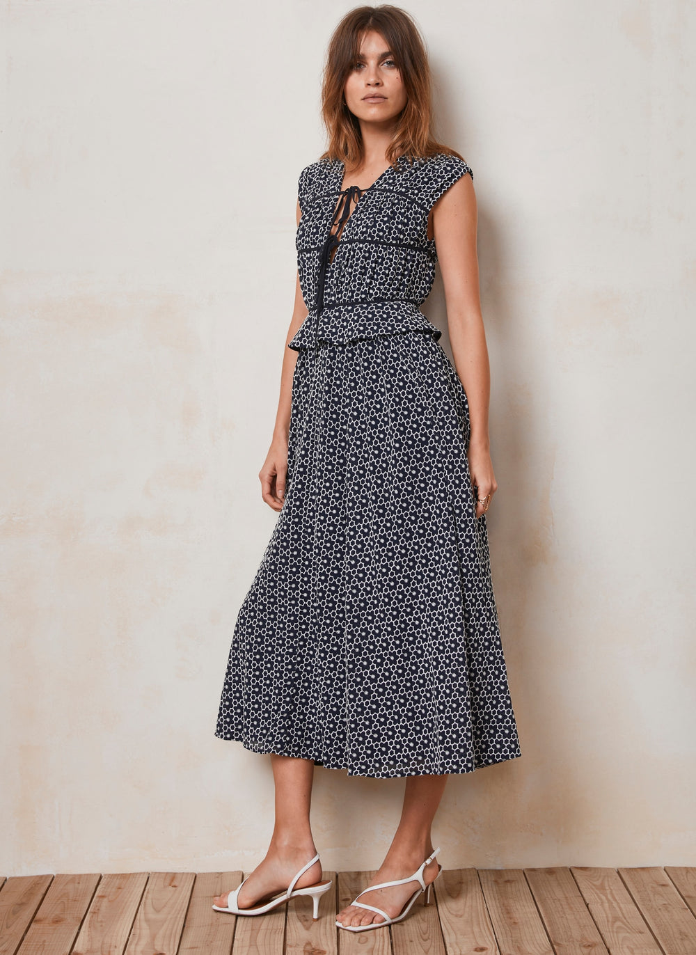 Navy Floral Broderie Tie Midi Dress