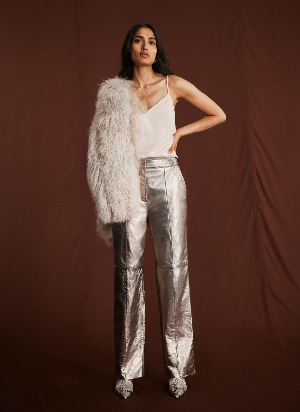 Gold Leather Straight Trousers